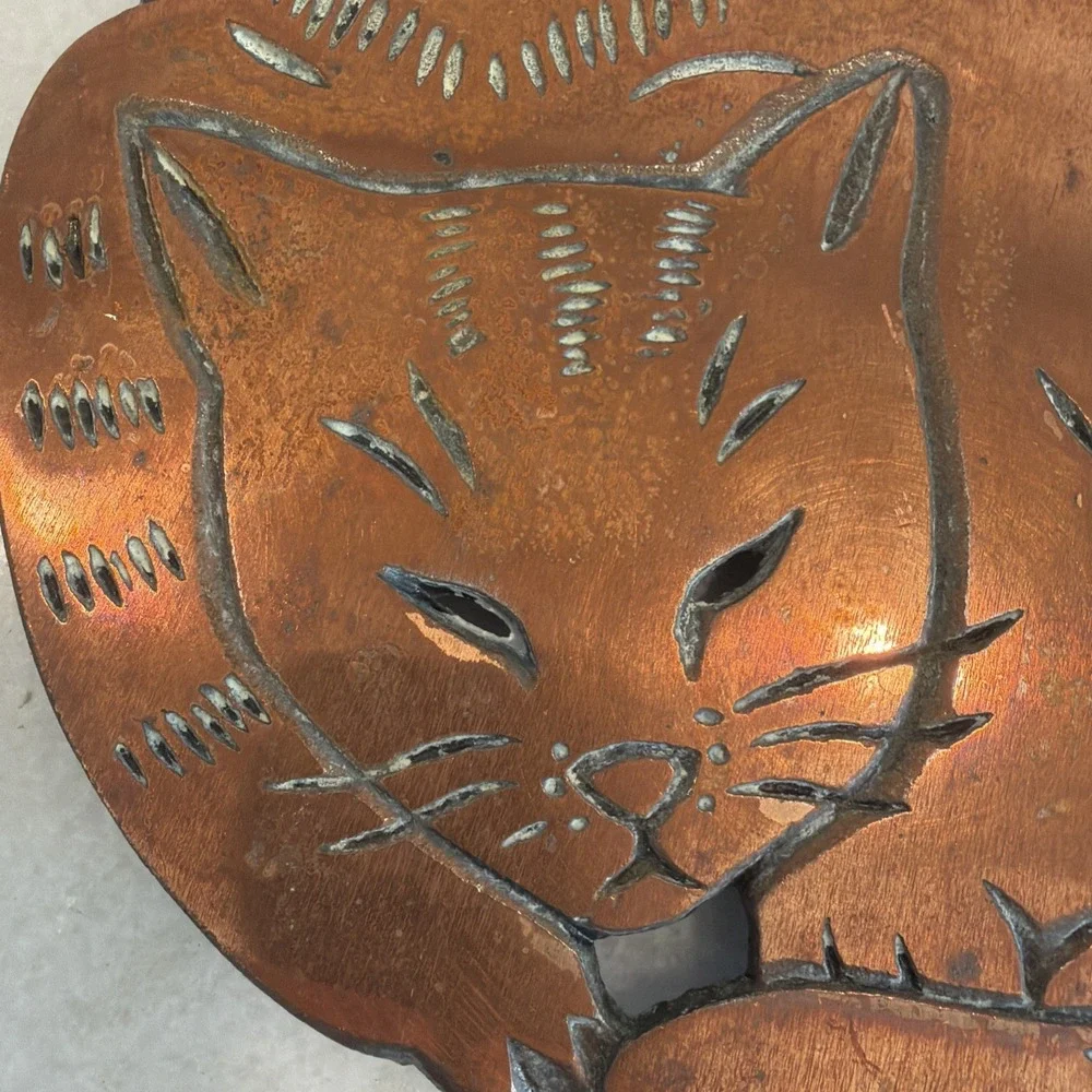 Vintage Copper Cat Trivet 8in Oval Mid Century Kitchen Decor OLA003